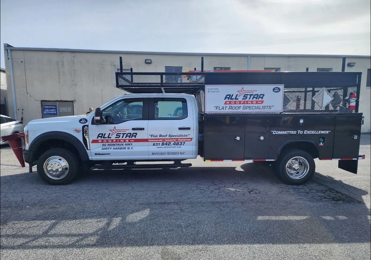 EPDM rubber roofing installation on a Copiague, NY commercial building — All-Star Roofing Inc., Amity Harbor, NY 11701